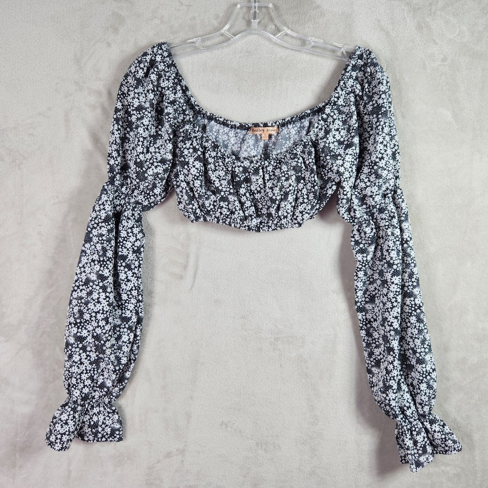 Bailey Rose Crop Top Womens XS Black Floral Long Sleeve Smocked Boho Cottagecore